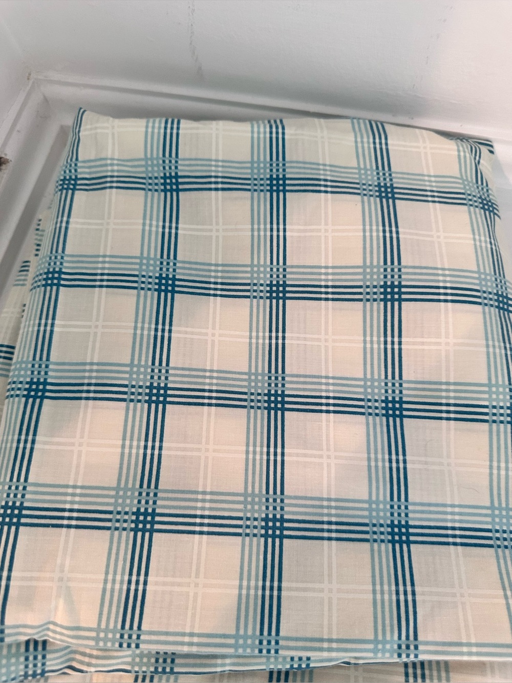Vintage 1970s Wamsutta Ultracale Blue/White Plaid Queen Fitted Sheet~Poly Cotton